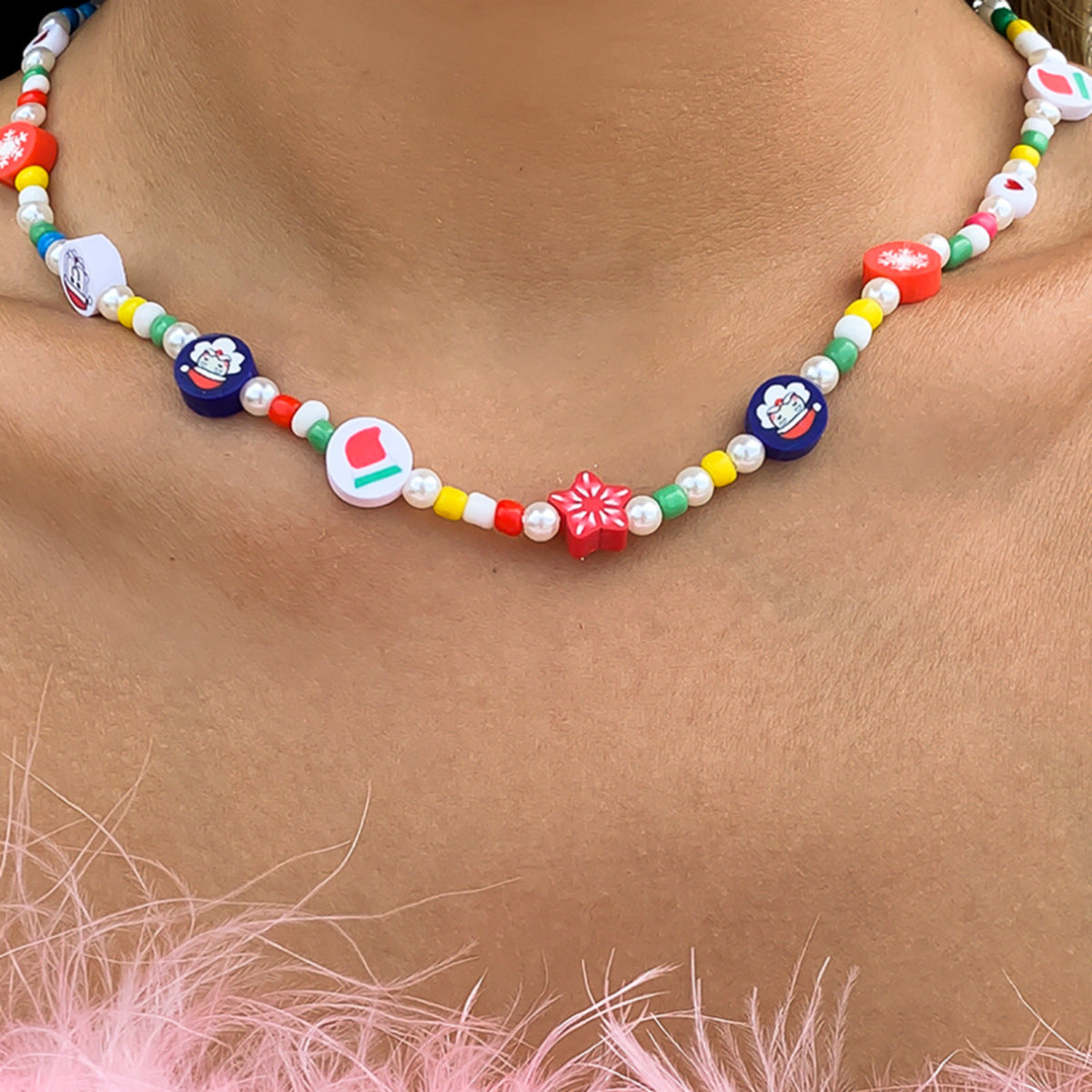Creative Color Christmas Funny Imitation Pearl Necklace Soft Ceramic Pattern Beaded Necklace Female