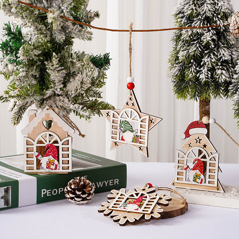 Christmas Decorations Wooden House Faceless Elderly Pendant Snowflake Santa Claus Christmas Tree Pendant