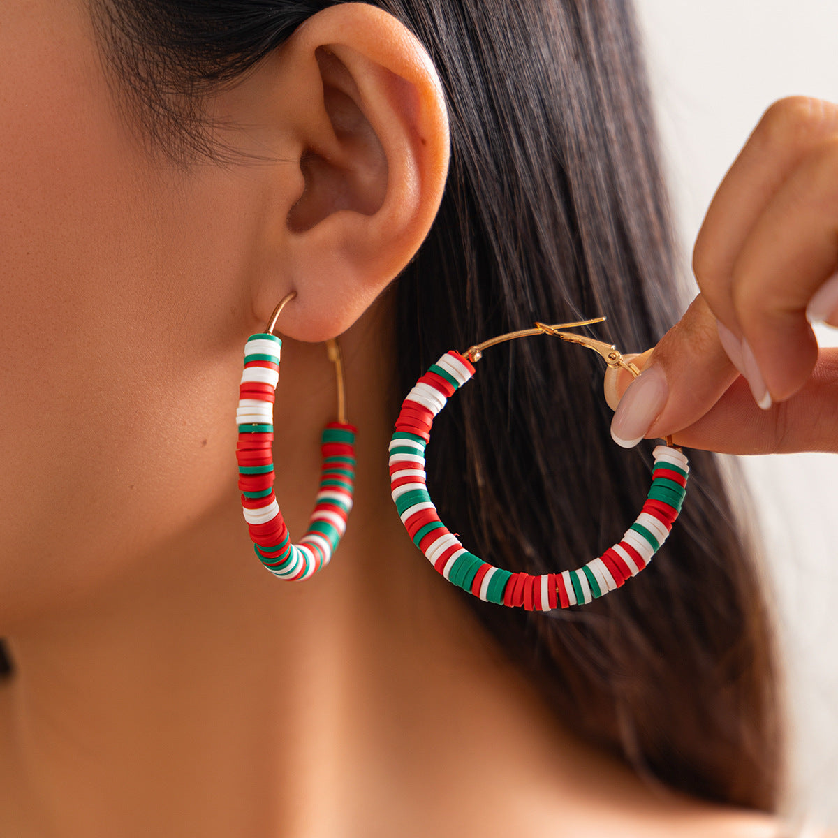 Creative Christmas color blocking earrings, personalized holiday gifts, Santa Claus soft ceramic ring earrings