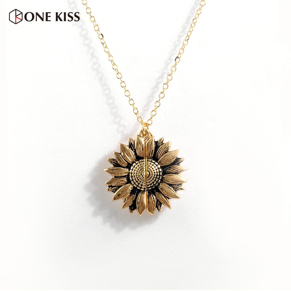 Vintage Sunflower Locket  Pendant Necklace Bohemia female Gold Silver Open Engrave letter Necklaces Lover Gift
