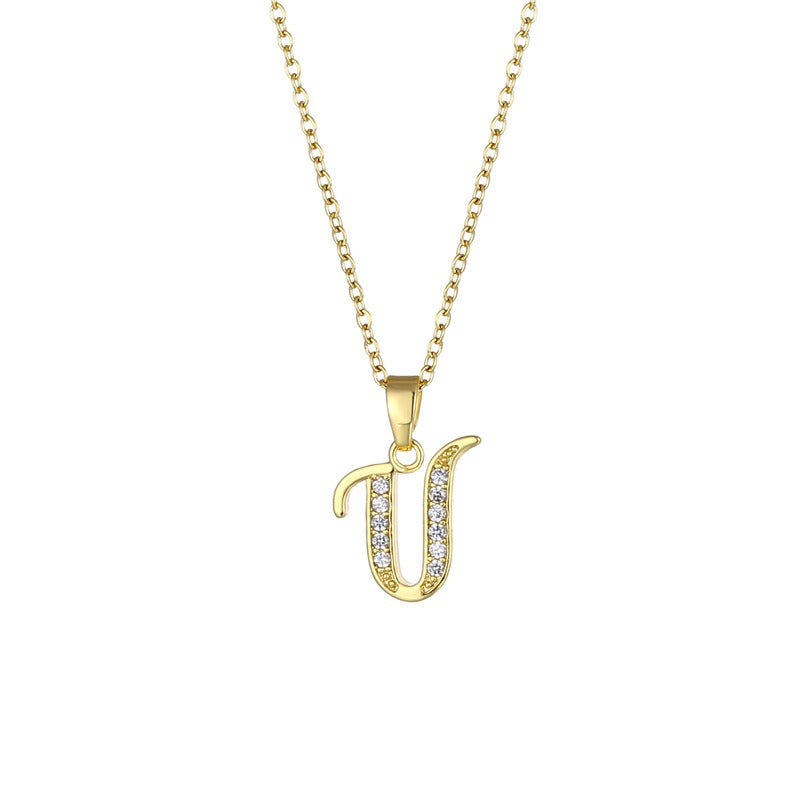 Jewelry English Letter Copper Zircon Pendant Women's Stainless Steel Cross Chain 18K Gold Diamond Set Necklace