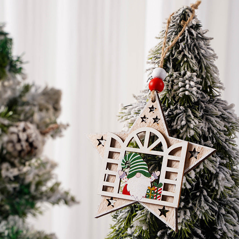 Christmas Decorations Wooden House Faceless Elderly Pendant Snowflake Santa Claus Christmas Tree Pendant