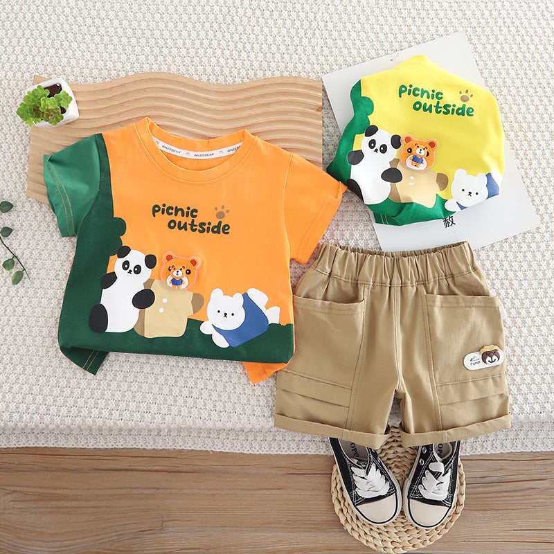 Cartoon round neck short sleeved top and shorts set