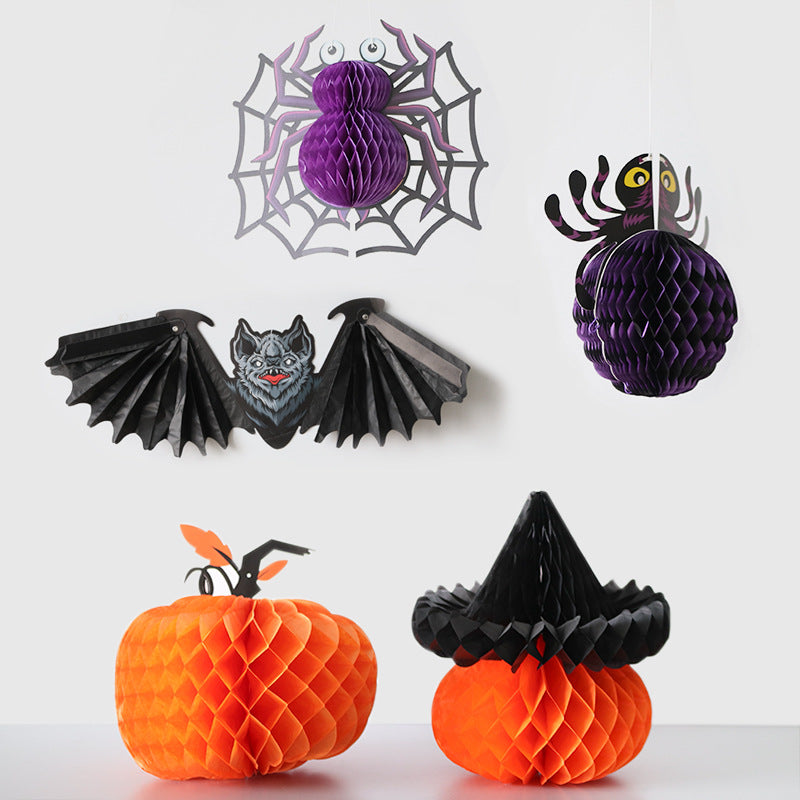 Honeycomb Bat Paper Pendant Halloween Decoration Props Supplies Spider Three-Dimensional Paper Honeycomb Pumpkin Hat Ornament