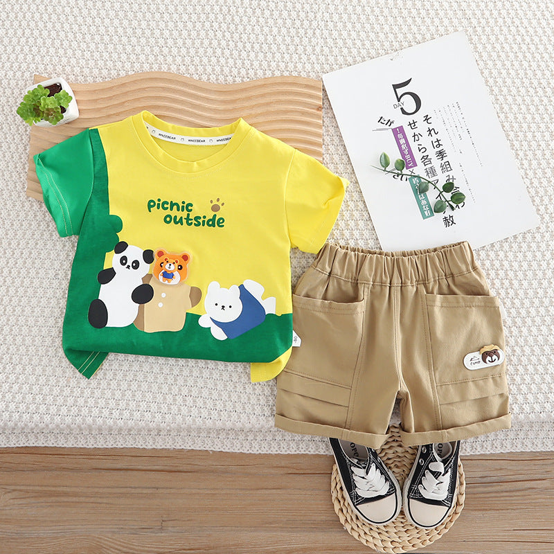 Cartoon round neck short sleeved top and shorts set
