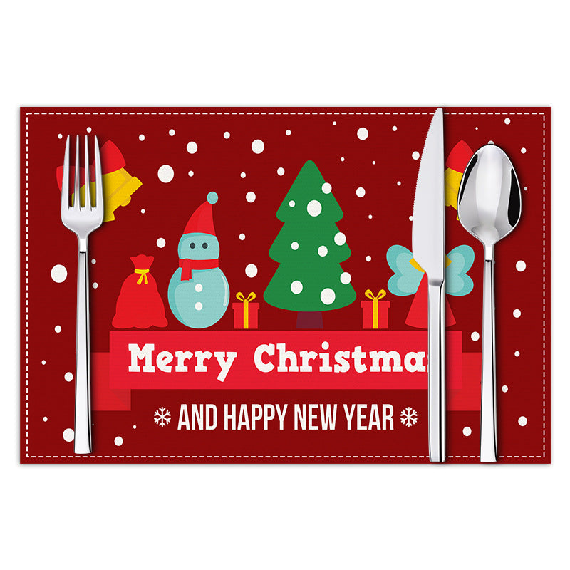 Cartoon Christmas Mat Holiday Party Table Decoration Thermal Insulation Mat White Hemp Printed Table Mat
