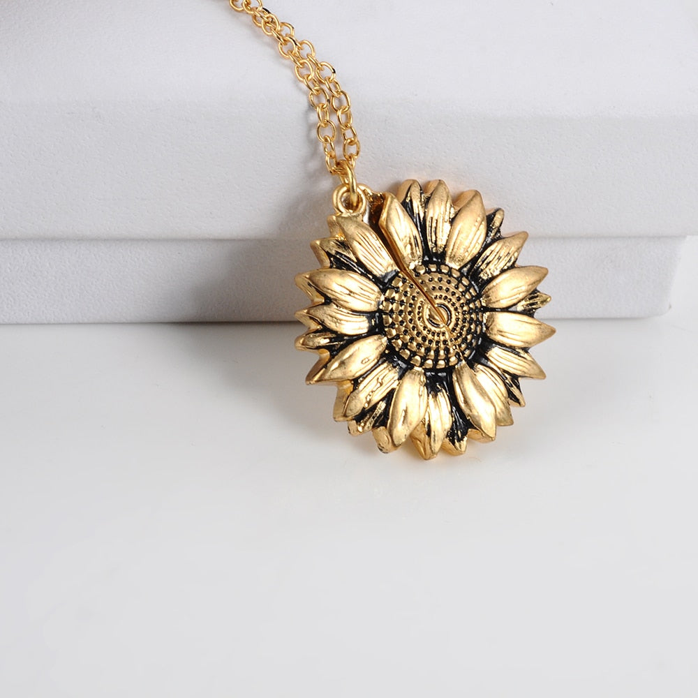 Vintage Sunflower Locket  Pendant Necklace Bohemia female Gold Silver Open Engrave letter Necklaces Lover Gift