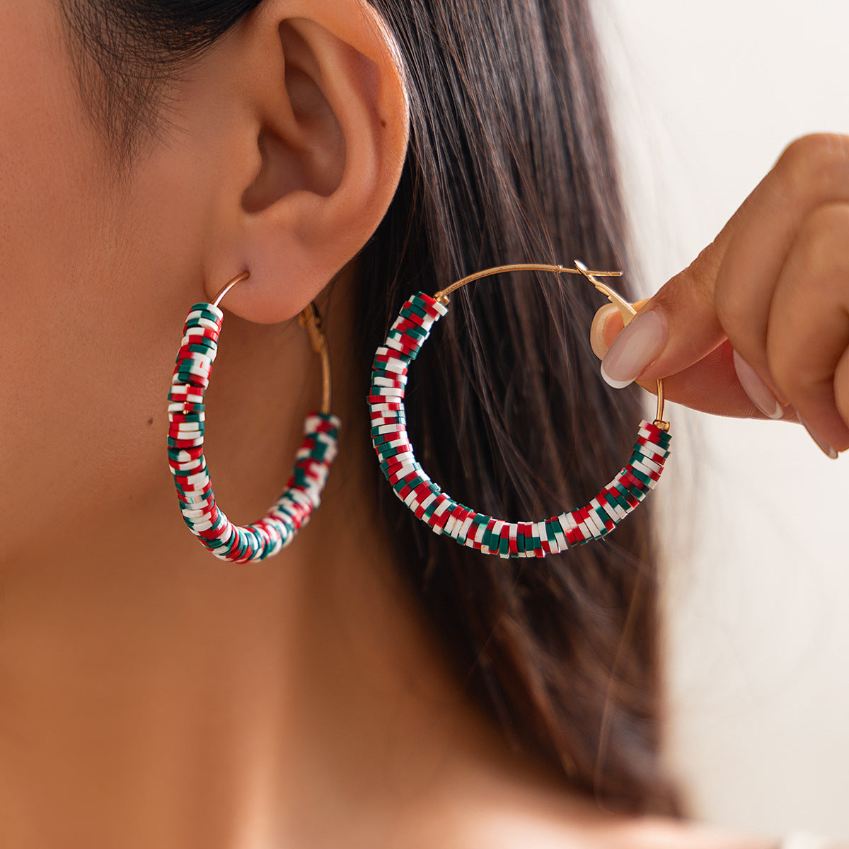 Creative Christmas color blocking earrings, personalized holiday gifts, Santa Claus soft ceramic ring earrings