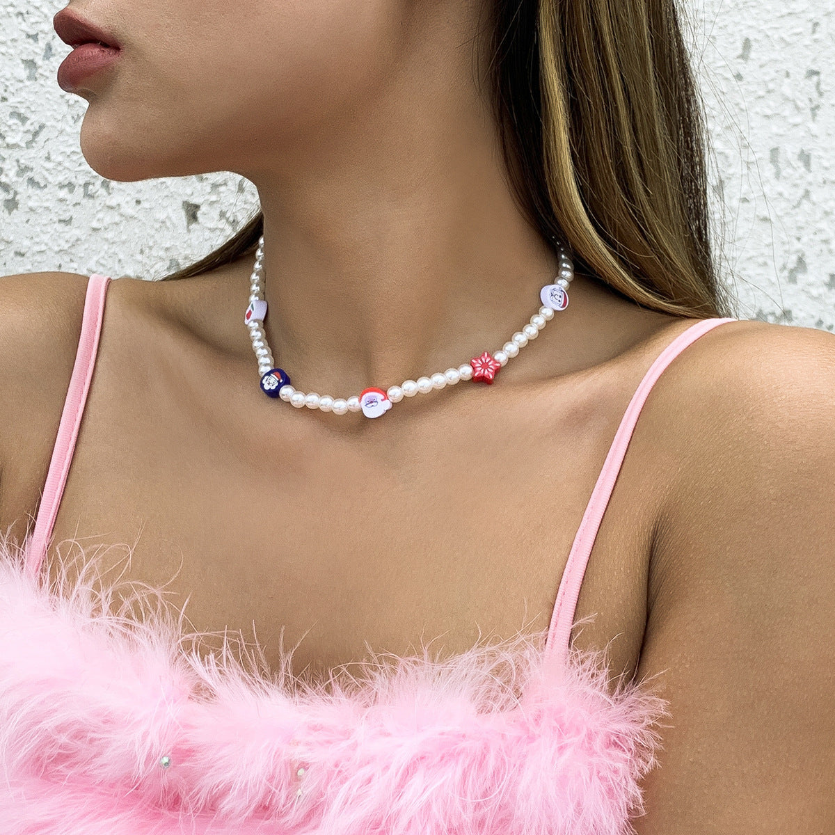 Creative Color Christmas Funny Imitation Pearl Necklace Soft Ceramic Pattern Beaded Necklace Female