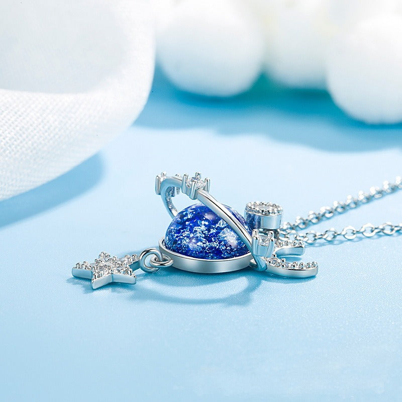 Fantasy Universe Planet Necklace with Small Design Sense Star Moon Set Zirconia Lock Bone Chain Necklace