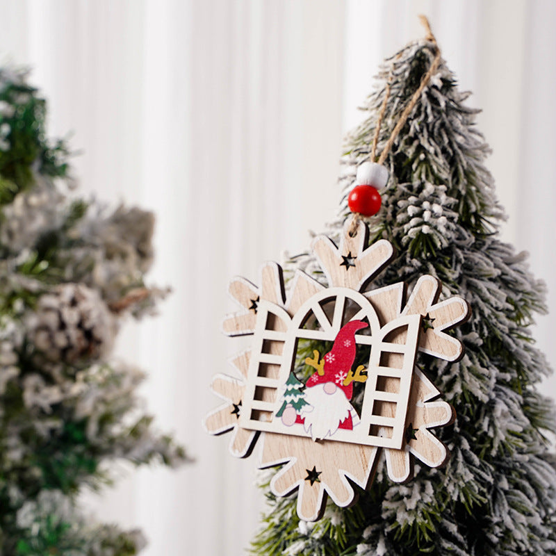 Christmas Decorations Wooden House Faceless Elderly Pendant Snowflake Santa Claus Christmas Tree Pendant