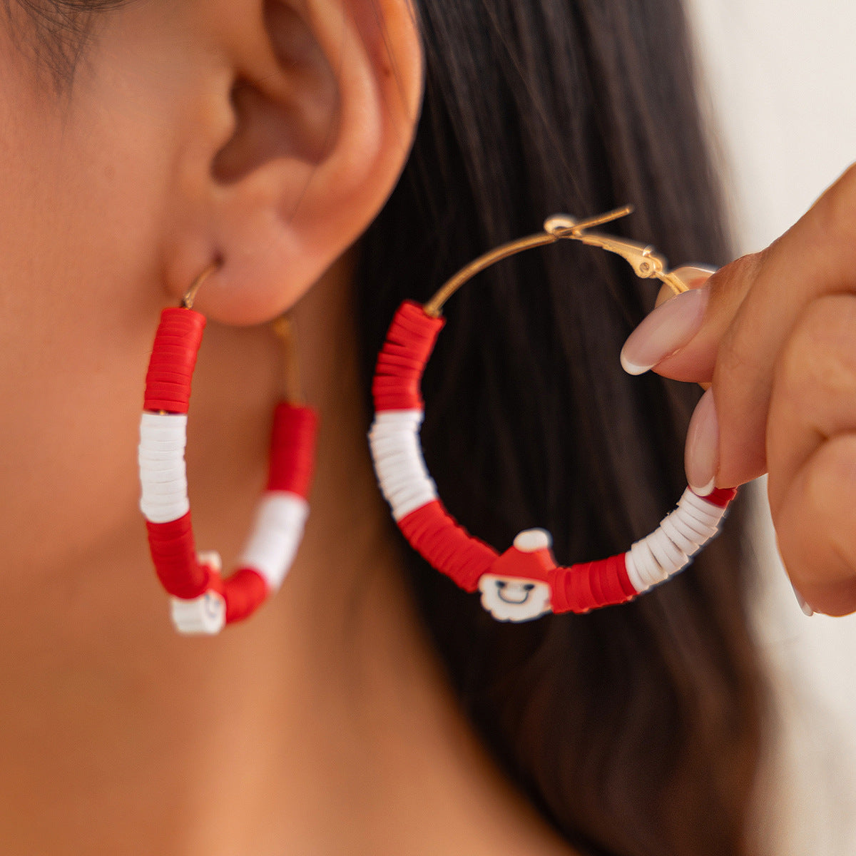 Creative Christmas color blocking earrings, personalized holiday gifts, Santa Claus soft ceramic ring earrings