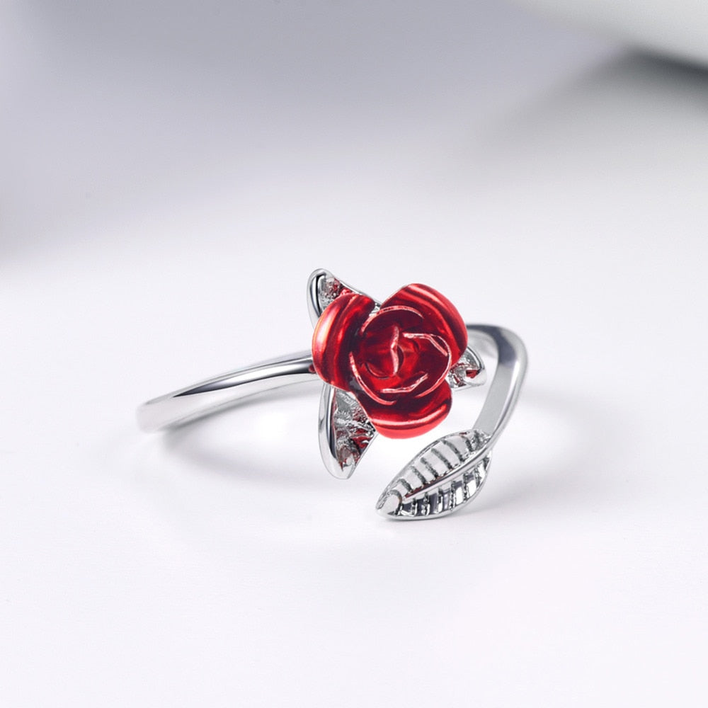 U7 Red Rose Garden Flower Leaves Resizable Finger Rings for Women Valentine's Day Gift Jewelry Hot Sale Open Ring R1019