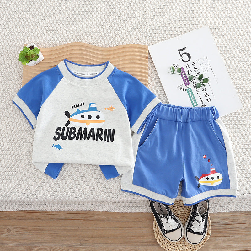 Cute submarine pattern short sleeved top and shorts set