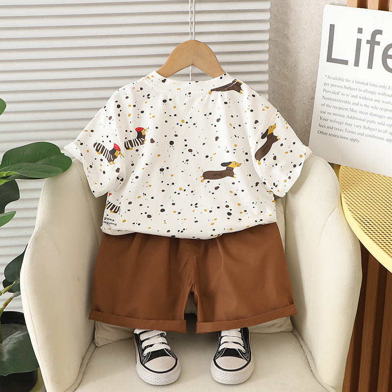 Cartoon polka dot pattern short sleeved top and shorts set