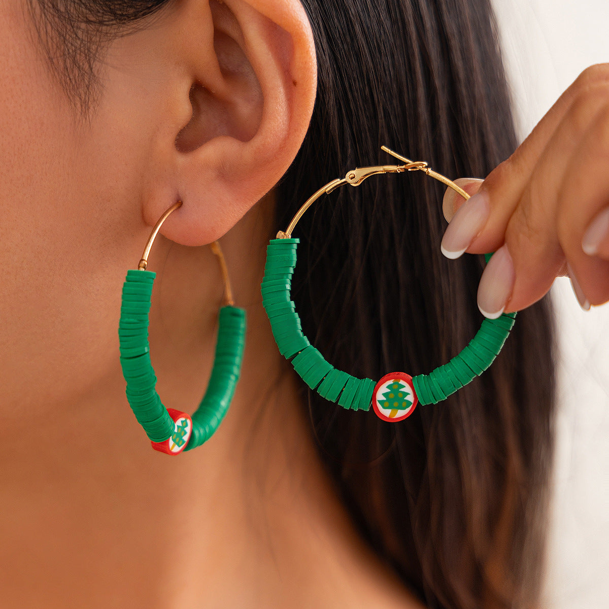 Creative Christmas color blocking earrings, personalized holiday gifts, Santa Claus soft ceramic ring earrings