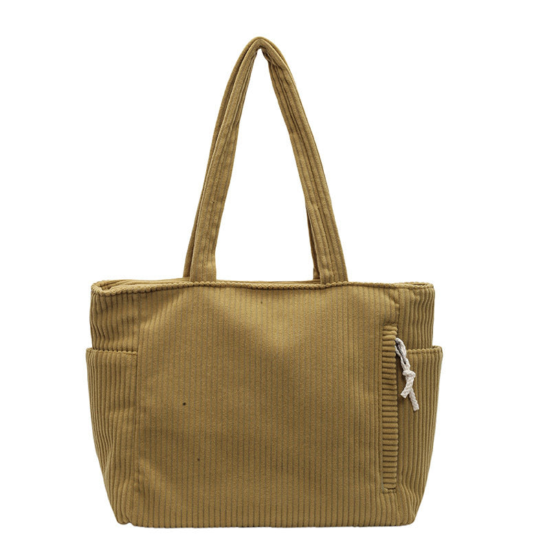 Corduroy Shoulder Tote Bag with Multiple Pockets