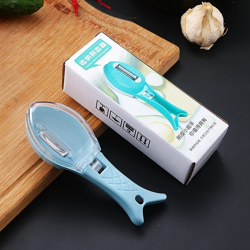 Multi functional double-sided peeler, storage type knife, fish scale planer, household anti splash fruit and vegetable with lid storage type scraper