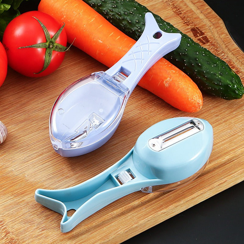 Multi functional double-sided peeler, storage type knife, fish scale planer, household anti splash fruit and vegetable with lid storage type scraper