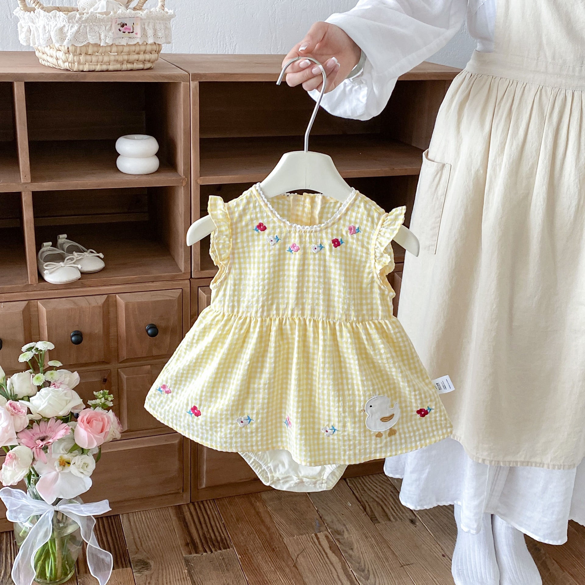 Baby Summer Clothes Romper Girl Baby Duck Checkered Vest Bodysuit Dress Newborn Crawler A-Class Cotton