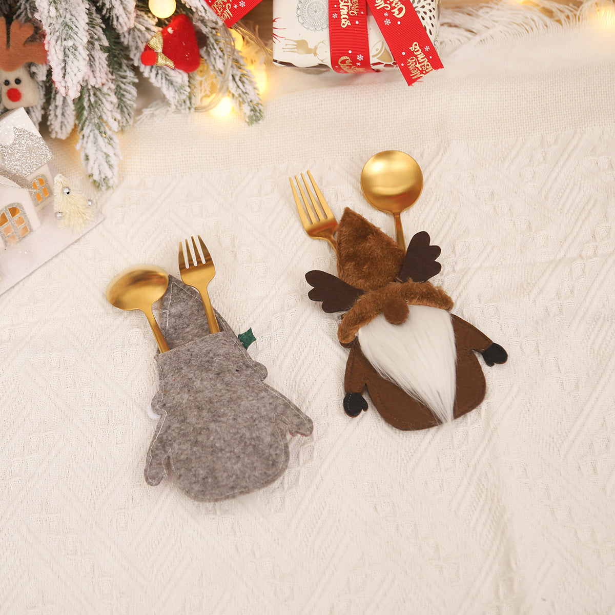 Christmas Decorations Cartoon Santa Claus Doll Knife and Fork Set Dwarf Tableware