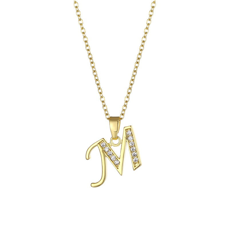 Jewelry English Letter Copper Zircon Pendant Women's Stainless Steel Cross Chain 18K Gold Diamond Set Necklace