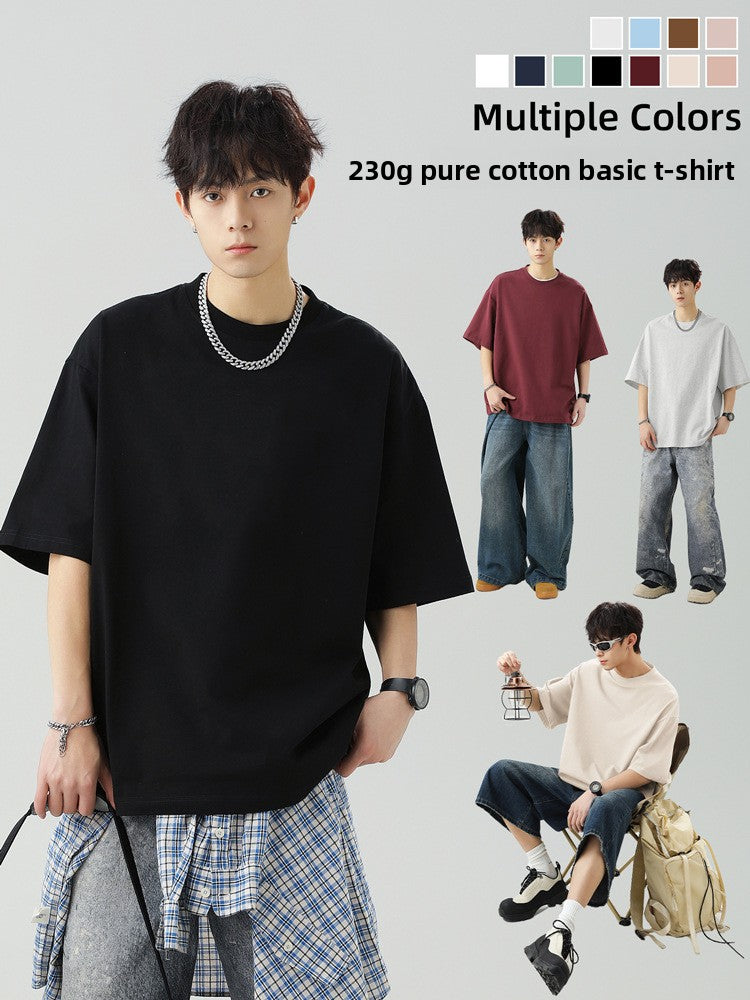 Solid-color basic round-neck T-shirt for couples, worn as an undershirt