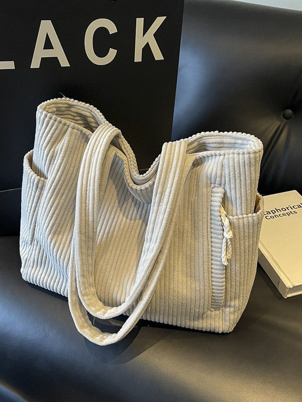 Corduroy Shoulder Tote Bag with Multiple Pockets
