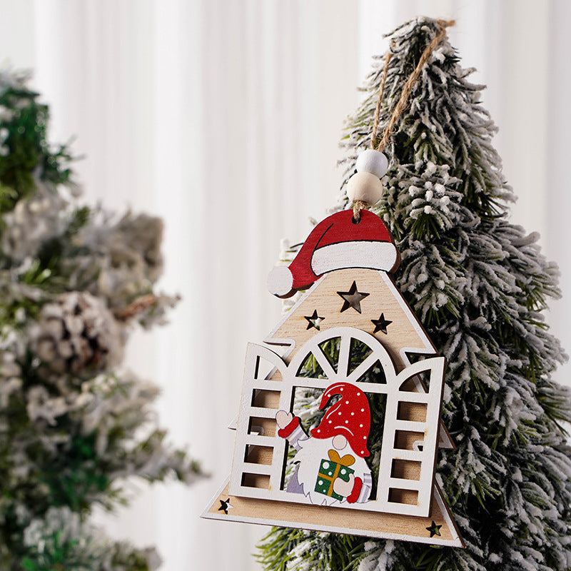 Christmas Decorations Wooden House Faceless Elderly Pendant Snowflake Santa Claus Christmas Tree Pendant
