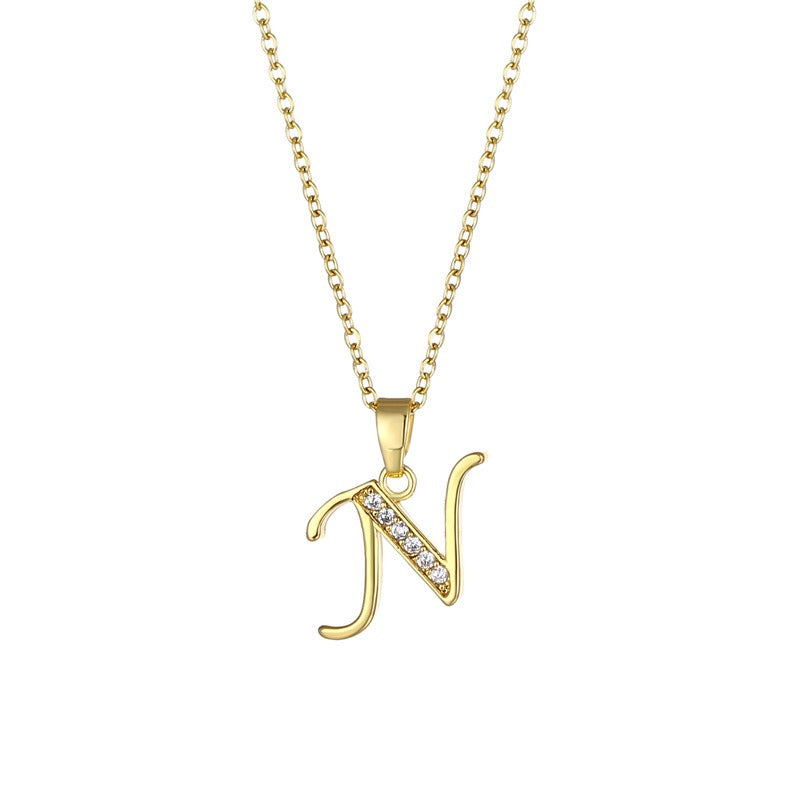Jewelry English Letter Copper Zircon Pendant Women's Stainless Steel Cross Chain 18K Gold Diamond Set Necklace