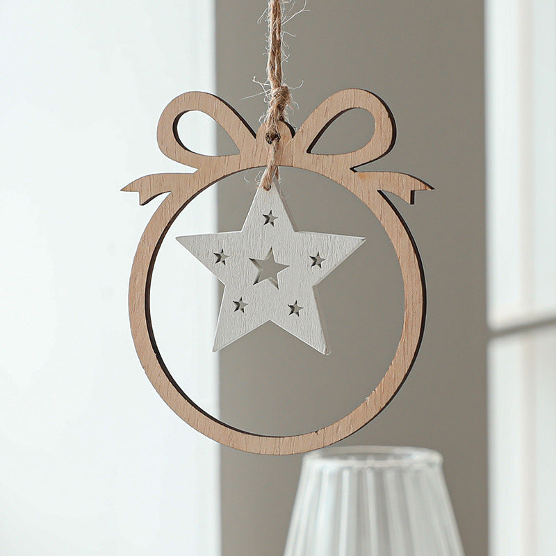 Christmas decorations, wooden Christmas hollowed out Christmas tree ornaments, wooden five pointed star reindeer snowflake ornaments