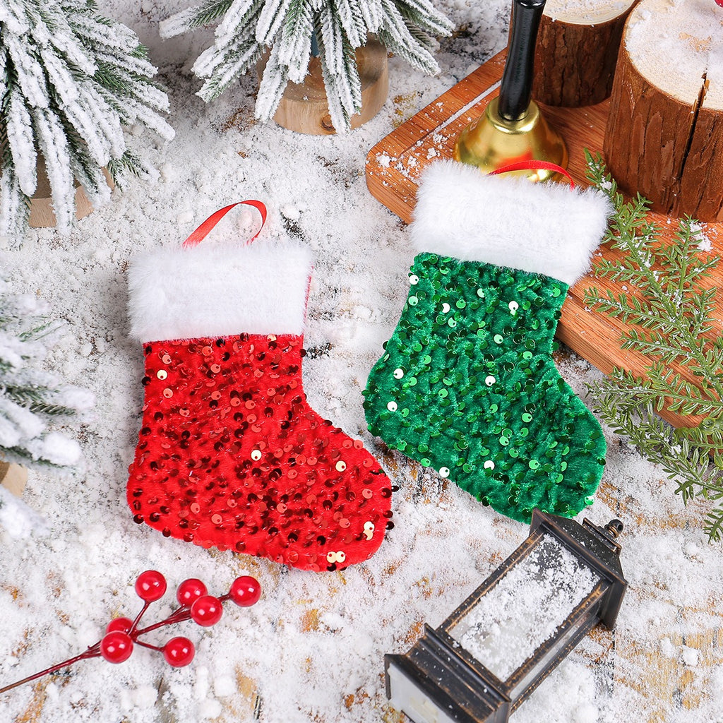 Glitter Plush White Edge Glitter Christmas Socks Decoration Festival Christmas Tree Candy Bag Pendant Christmas Gift Bag