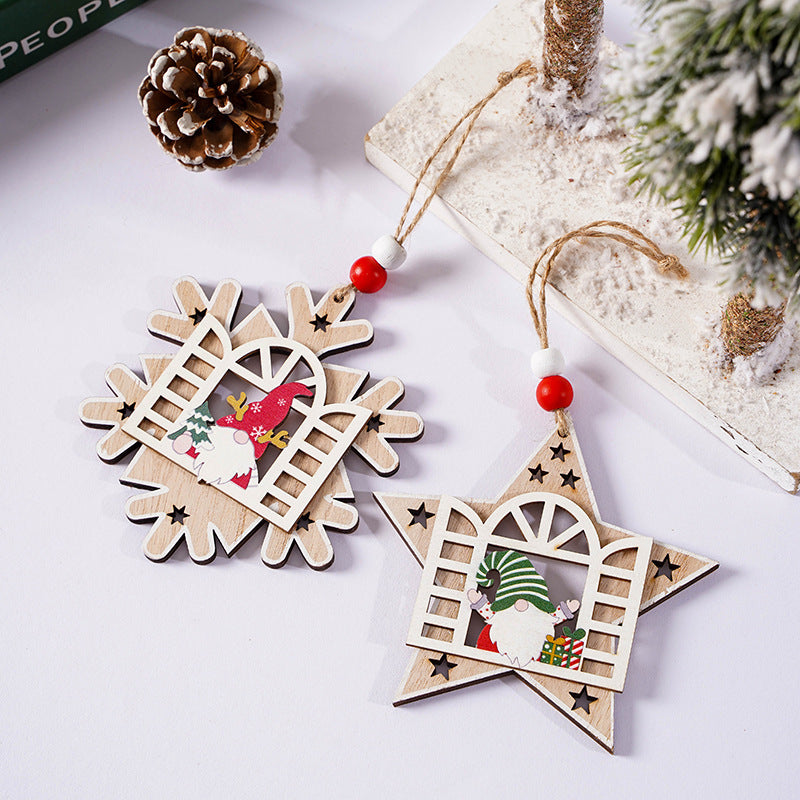 Christmas Decorations Wooden House Faceless Elderly Pendant Snowflake Santa Claus Christmas Tree Pendant