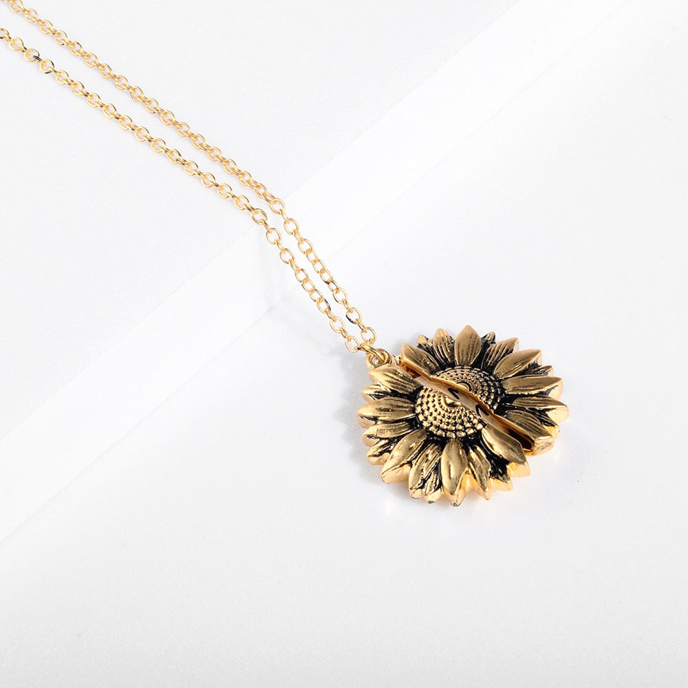 Vintage Sunflower Locket  Pendant Necklace Bohemia female Gold Silver Open Engrave letter Necklaces Lover Gift