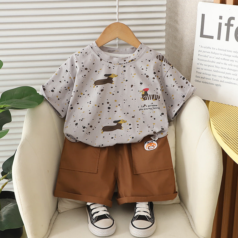 Cartoon polka dot pattern short sleeved top and shorts set
