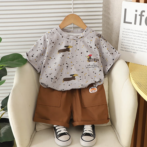 Cartoon polka dot pattern short sleeved top and shorts set