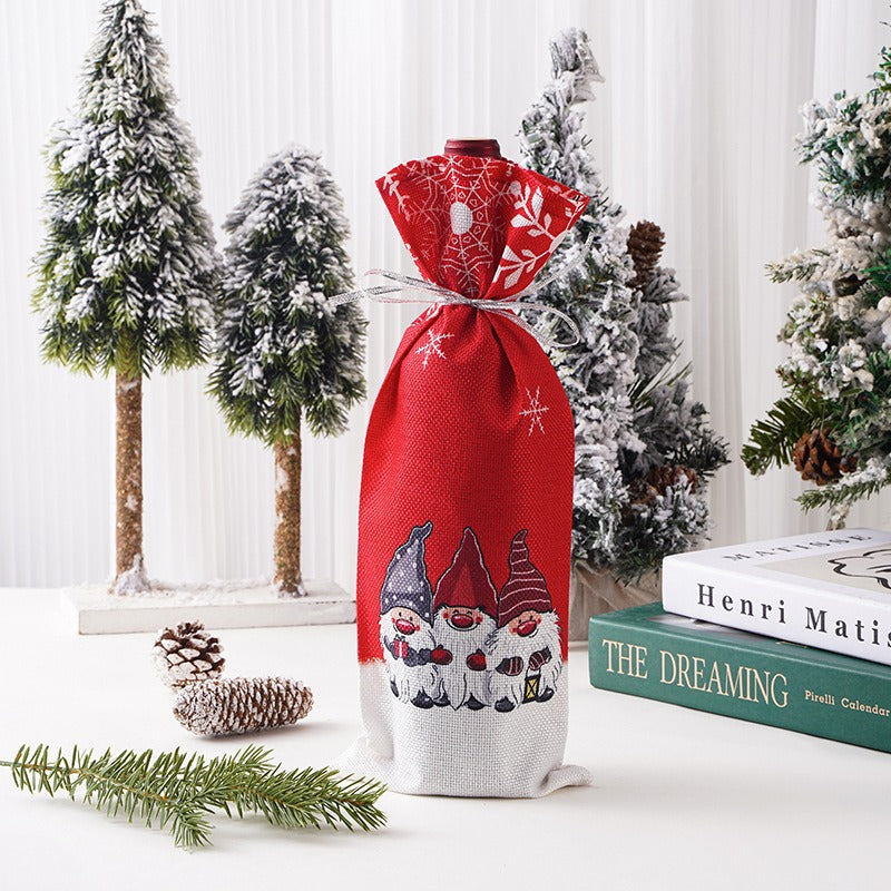 New Christmas Decorations Champagne Wine Bottle Cover Forest Man Printed Wine Bottle Bag Table Decoration