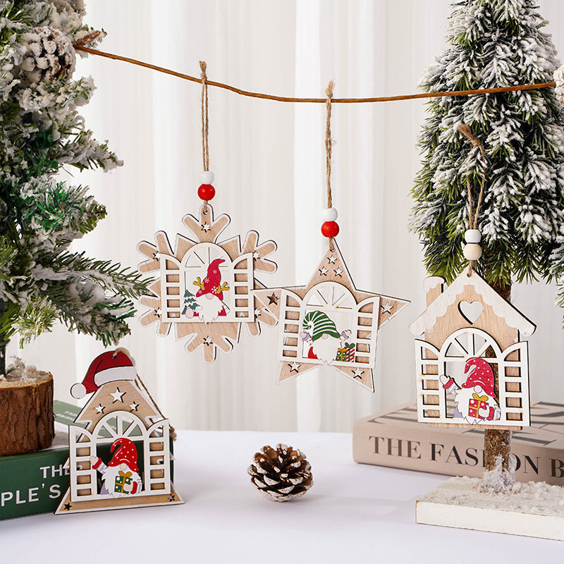 Christmas Decorations Wooden House Faceless Elderly Pendant Snowflake Santa Claus Christmas Tree Pendant