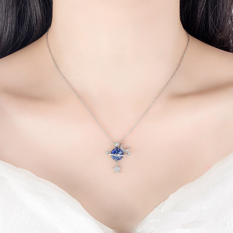 Fantasy Universe Planet Necklace with Small Design Sense Star Moon Set Zirconia Lock Bone Chain Necklace