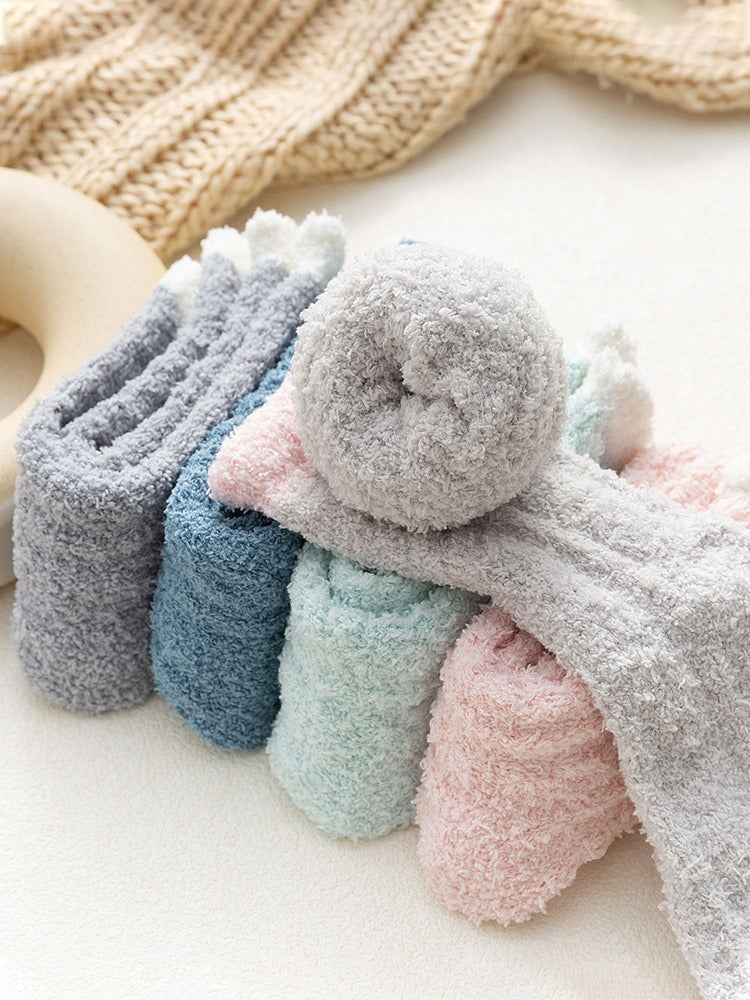 Coral plush socks for children, plush and thick towels for autumn and winter, floor socks, mid length postpartum socks