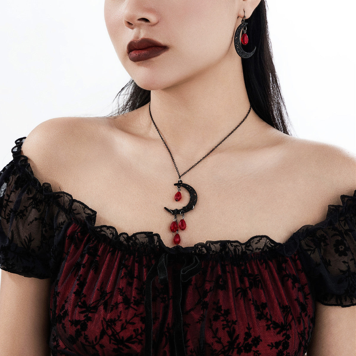 Sweet and Cool Tassel Water Drop Ruby Necklace Halloween Personalized Crescent Crystal Collar Chain