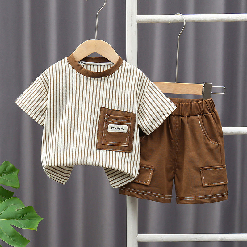 Round neck striped short sleeved top and shorts set