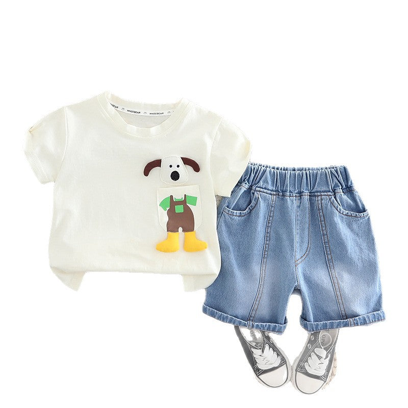 Cartoon Pocket Dog Short Sleeve Top and Shorts Set