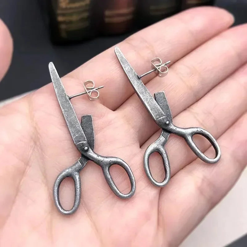 Dark Gothic Vintage Imitation Scissors Exaggerate Stud Earrings for Men Women Goth Punk Silver Color Halloween Fashion Jewelry