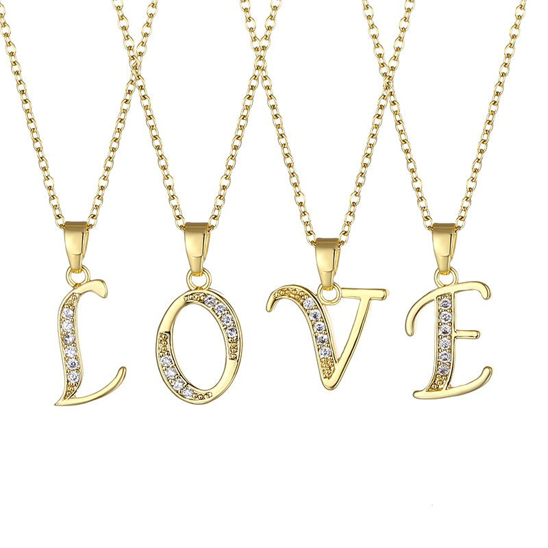 Jewelry English Letter Copper Zircon Pendant Women's Stainless Steel Cross Chain 18K Gold Diamond Set Necklace