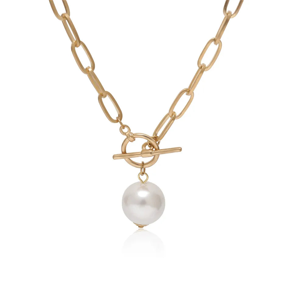 Gothic Baroque Pearl Pendant Choker Necklace for Women Wedding Punk Big Bead Lariat Gold Color Long Chain Necklace Jewelry