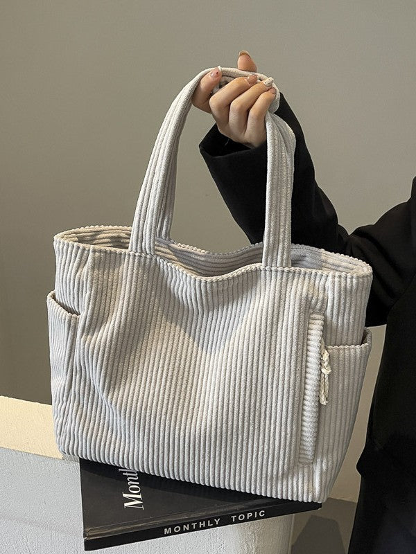 Corduroy Shoulder Tote Bag with Multiple Pockets